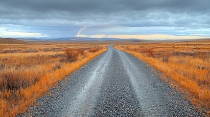 Naklejka premium Gravel road stretches into storm-swept plains