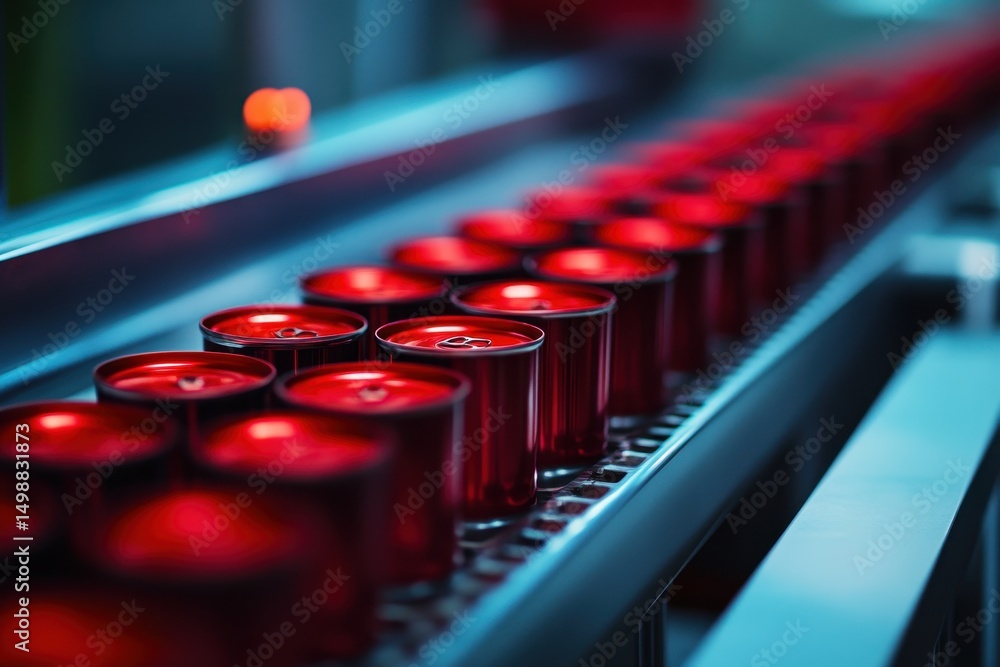 Poster closeup of high-tech industrial production line displaying rows of red cans in a modern facility dur