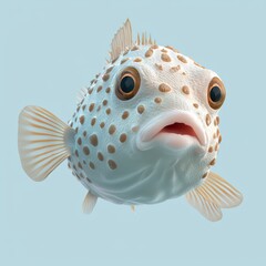 Adorable puffer fish with distinctive spots swimming in clear blue water against serene underwater background
