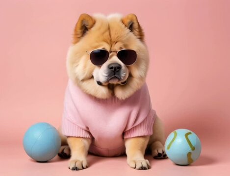 Chow Chow dog wearing sunglasses and a sweater on pink background