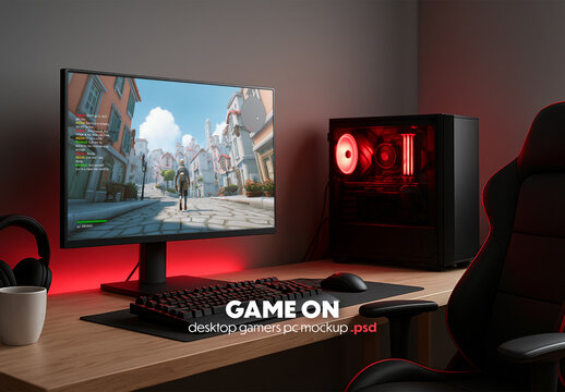 Gaming screen mockup. Home setting of gamer.