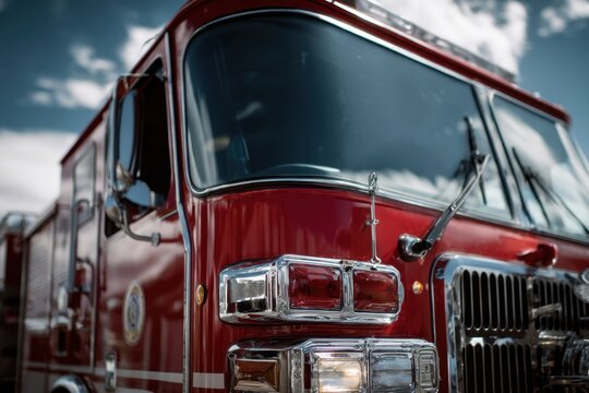 Red fire truck front view under sky