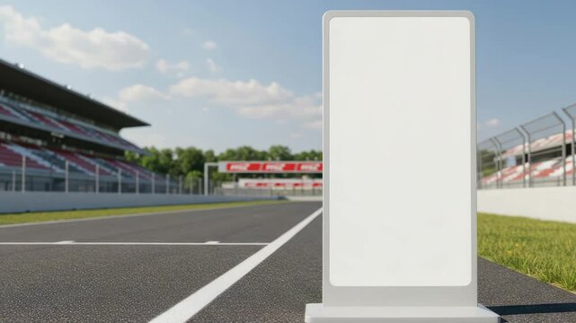 An empty ad board on the racetrack highlights the grandstands and clear sky