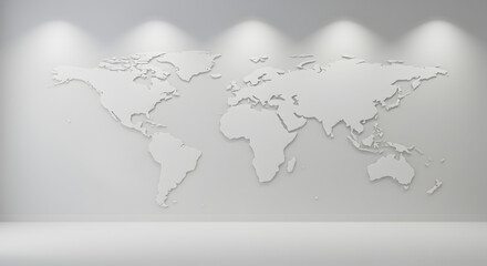 Embossed World Map on a White Wall with Spotlights