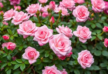 Fototapeta premium Pink roses in full bloom, lush green leaves, happy Mother's Day vibe, affection, petals
