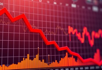 Red arrow pointing down on a declining financial graph, economy,  falling graph