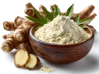 Fototapeta premium Aromatic ginger root powder in a rustic wooden bowl with fresh ginger slices and vibrant green leaves on a white background.