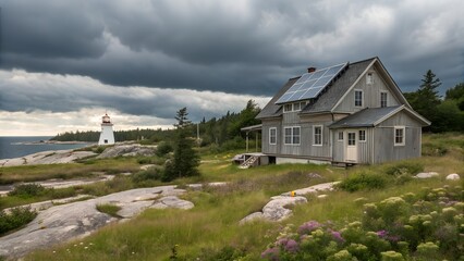 Coastal Cottage with Solar Panels and Lighthouse Under Cloudy Sky