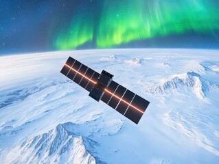 Obraz premium Satellite Above Earth with Aurora Borealis and Snowy Mountain Landscape in Background