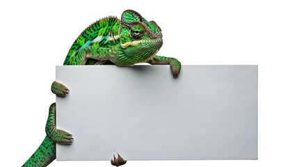 A curious chameleon holding a blank cardboard sign, offering ample copy space for your message. Ideal for marketing, announcements, nature, and quirky animal themes.