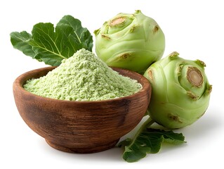 Obraz premium Fresh kohlrabi powder in wooden bowl with two whole kohlrabis and vibrant green leaves isolated on white background.