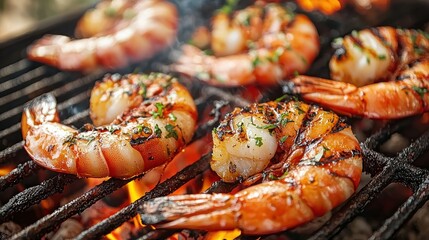 Grilled shrimp sizzling on hot barbecue grill