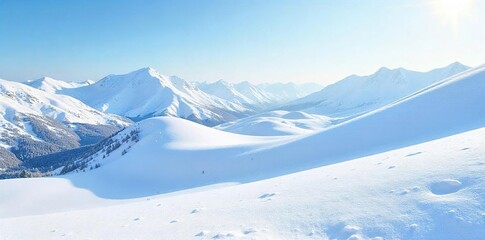 Fototapeta premium Rolling hills blanketed in pristine white snow, a winter wonderland scene under a clear sky Perfect for travel, nature, and winter themes , environment, horizon, winter wonderland