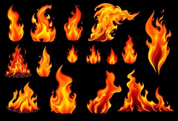 Realistic vector illustrations of burning flames in various shapes and sizes, ideal for stickers,  nature,  blaze