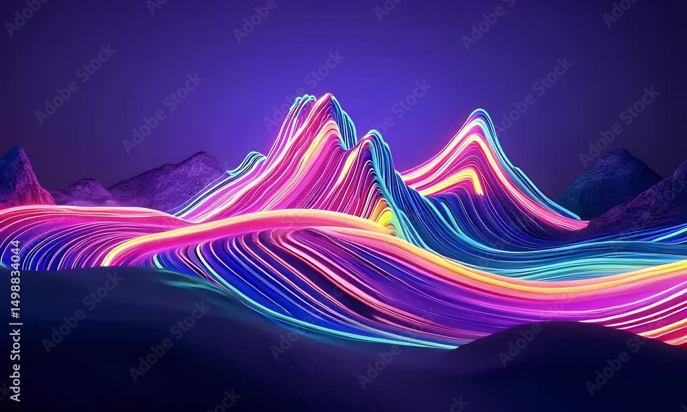 Poster a background with neon lines and curves, creating an abstract mountain landscape. the colors of the 