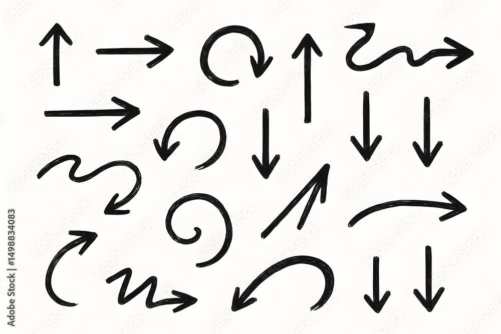 Poster arrow collection: a selection of diverse arrows, each uniquely designed with distinct curves and poi