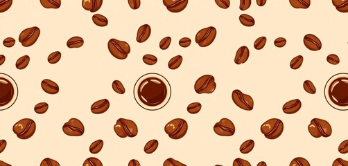 Seamless coffee bean and cup pattern; light brown tones, vector illustration, coffee beans background, espresso