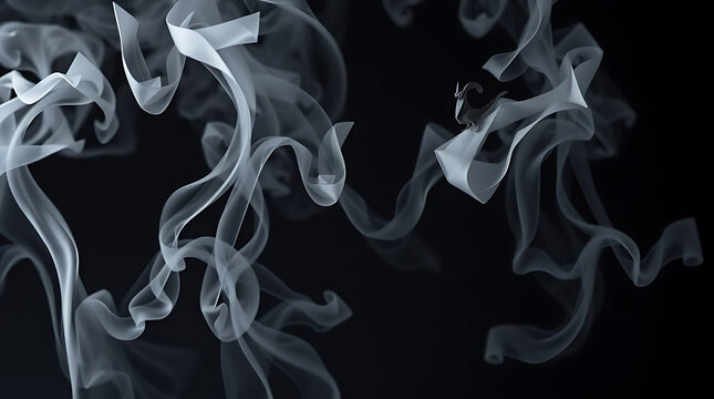 Wispy white smoke swirling and curling against a dark background, abstract texture