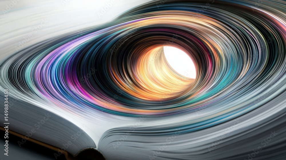 Poster abstract swirl of colors emerging from an open book forming tunnel