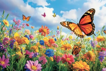 Colorful field of blooming flowers alive with butterflies on a bright sunny day
