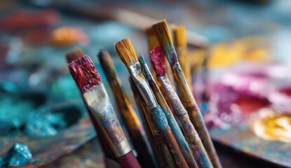 Fototapeta premium Paintbrushes with paint on palette