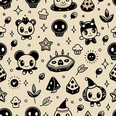 Cute seamless cartoon vector pattern with fun baby cats and birds