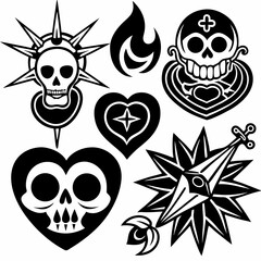 Fototapeta premium Vector grunge skull and crossbones illustration with gothic human skeleton heads, perfect for tattoo art, Halloween, or pirate danger symbols