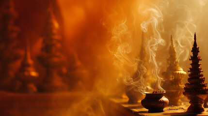 Festival Dhamma Day, Buddhist offering ceremony in temple, incense smoke