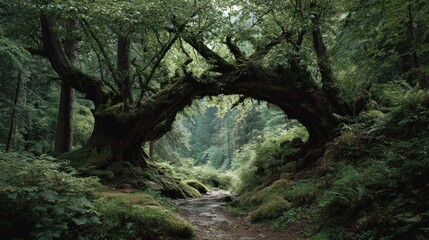 Obraz premium Enchanted Forest Portal: A Mystical Pathway Through Intertwined Ancient Trees
