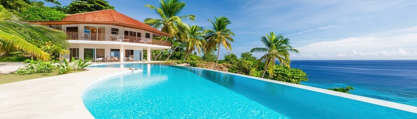 Luxurious Tropical Villa with Infinity Pool Overlooking Blue Ocean and Lush Greenery in Bright Sunshine