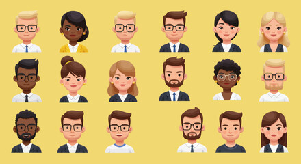 Diverse Cartoon Business Professionals with Varied Hairstyles and Attire