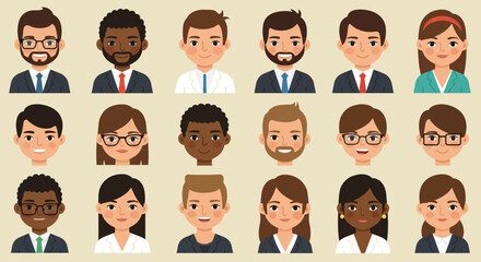 Diverse Collection of Illustrated Faces Representing Various Professions and Personalities