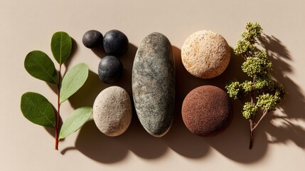 Smooth Stones and Green Leaves on Beige Background