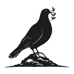 Stylized Black Vector Silhouette of a Dove or Pigeon Holding an Olive Branch, Perched on a Rock, Symbolizing Peace and Hope