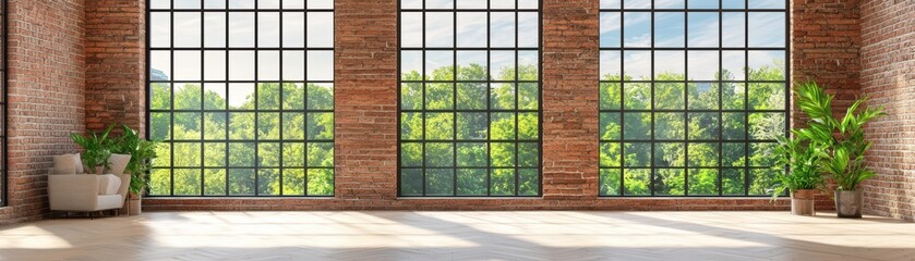 Fototapeta premium Spacious modern interior with large windows and lush greenery view in an urban setting