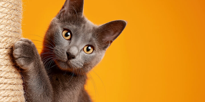 Close-up of a korat cat hugging a scratching post with curious expression on orange background