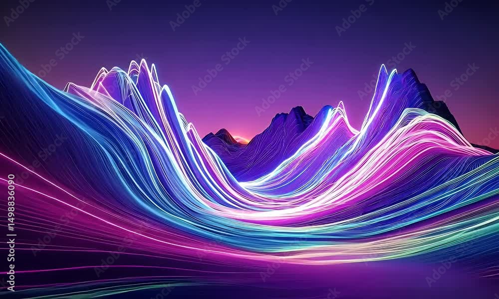 Poster a background with neon lines and curves, creating an abstract mountain landscape. the colors of the 