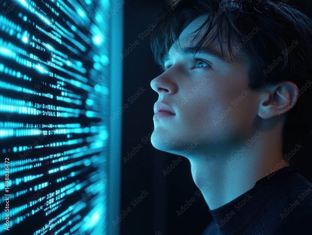 Poster thoughtful young man gazing at digital data stream on a dark background in a futuristic technology s