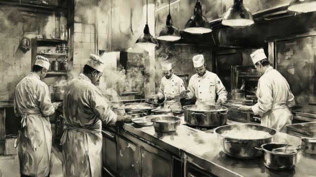A Culinary Symphony: Chefs in a Bustling Kitchen Scene