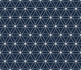 Sashiko embroidery seamless vector pattern. Needlework fabric design. Japanese embroidery ornament with white stitches on the indigo blue background. Suitable for clothing, textiles.