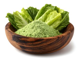 A wooden bowl holds vibrant green lettuce powder and fresh lettuce leaves isolated on a pure white background.