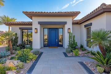 Welcoming entrance to a modern home featuring a striking blue door framed by lush greenery and desert landscaping