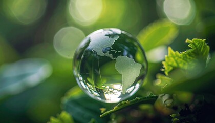 Crystal earth globe on green forest background. Environment day, save clean planet, ecology concept