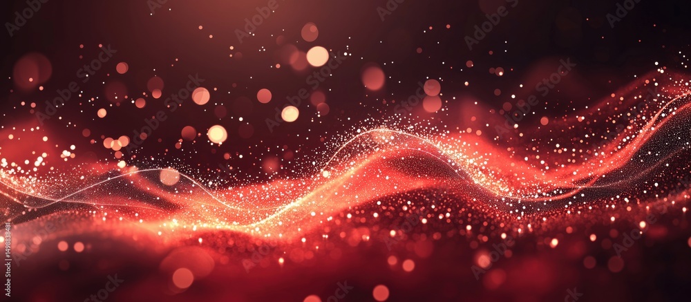 Poster abstract red wave background with glowing particles and bokeh effects for design