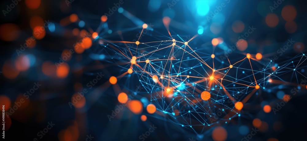 Poster abstract digital network connections with glowing nodes and lines in blue and orange tones