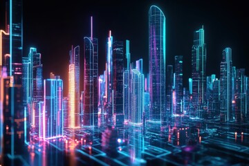 Futuristic skyline with glowing skyscrapers under a vibrant night sky reminiscent of advanced technology and innovation