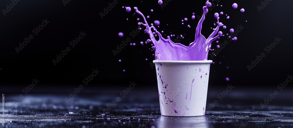 Poster purple paint splash from white cup on dark background creating dynamic visual effect