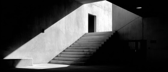 Monochrome Image of a Concrete Staircase with Strong Light and Shadow