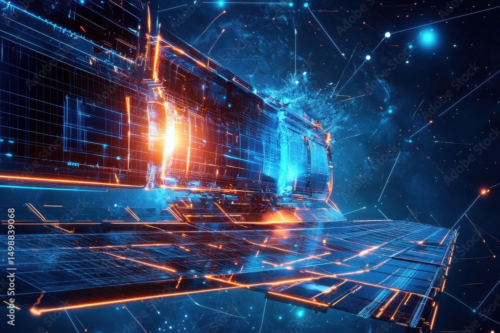 Poster futuristic ai-driven space-based solar power generating electricity in a vibrant cosmic environment