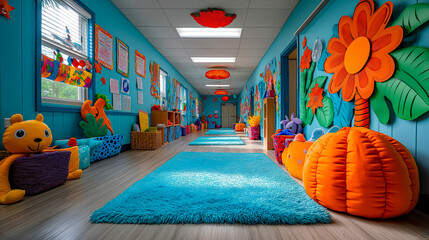 Colorful themed decorations in classroom for children's event